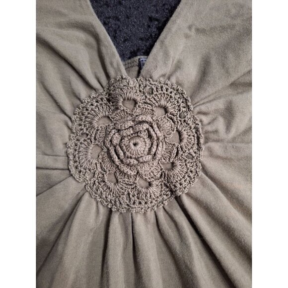 Mixit Olive Green Stretch Halter Top L With Crochet Accent Adjustable Tie Neck C - Picture 2 of 4